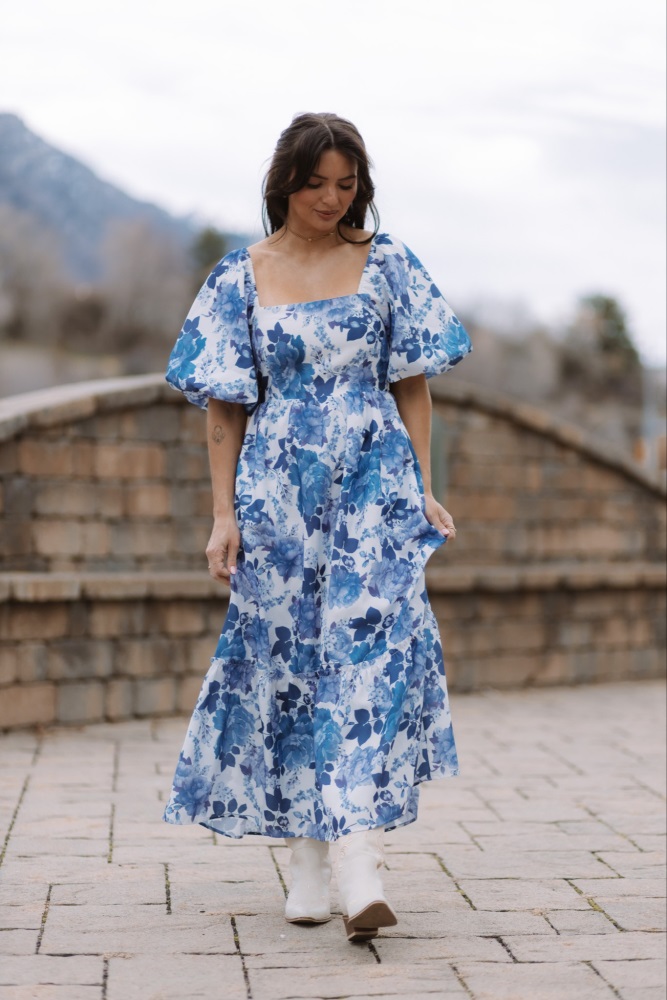 blue floral square neck dress Sky Blue Floral Print Square Neck Bubble Sleeve High Waist Maxi Dress Sky Blue / M / 100%Polyester by Blue Zone Planet