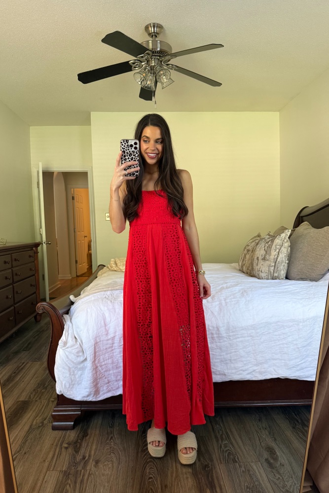 Coral Red Crochet Lace Paneled Maxi Dress  PinkBlush