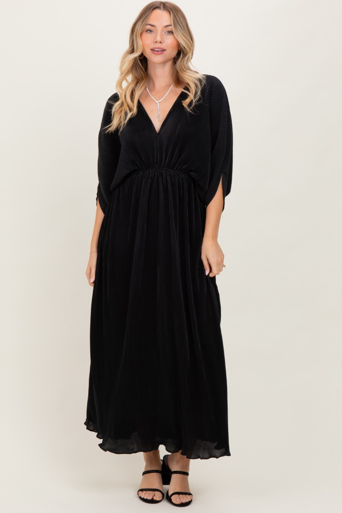 Black Pleated Satin Dolman Sleeve Maxi Dress