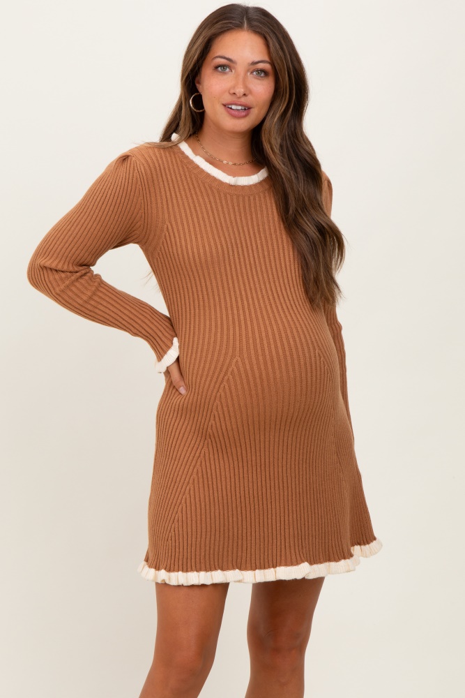 Camel Ribbed Knit Contrast Ruffle Trim Maternity Mini Dress