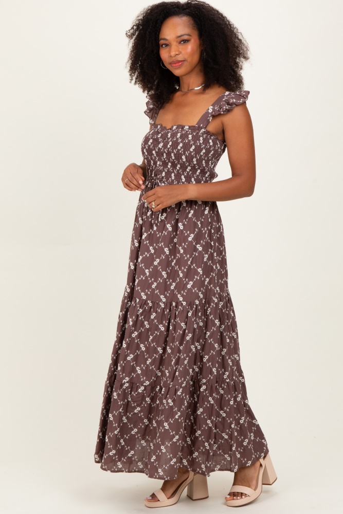 Brown Gingham Smocked Tiered Midi Dress  PinkBlush