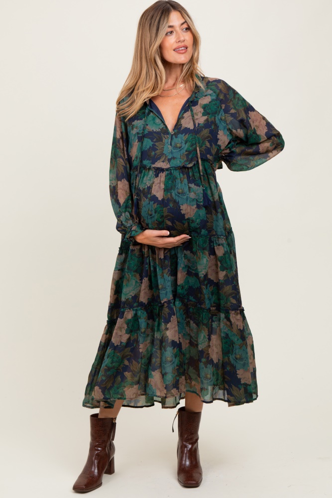 Navy Floral Chiffon Ruffle Tiered Maternity Midi Dress