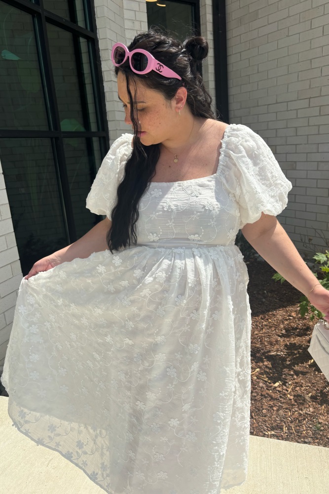 Ivory Embroidered Floral Puff Sleeve Maternity Midi Dress  PinkBlush