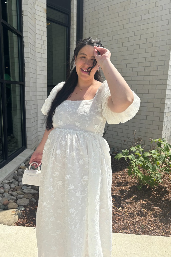 Ivory Embroidered Floral Puff Sleeve Maternity Midi Dress  PinkBlush