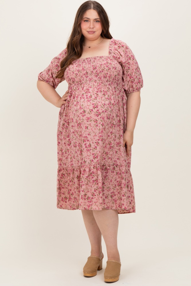 Pink Floral Smocked Maternity Plus Midi Dress