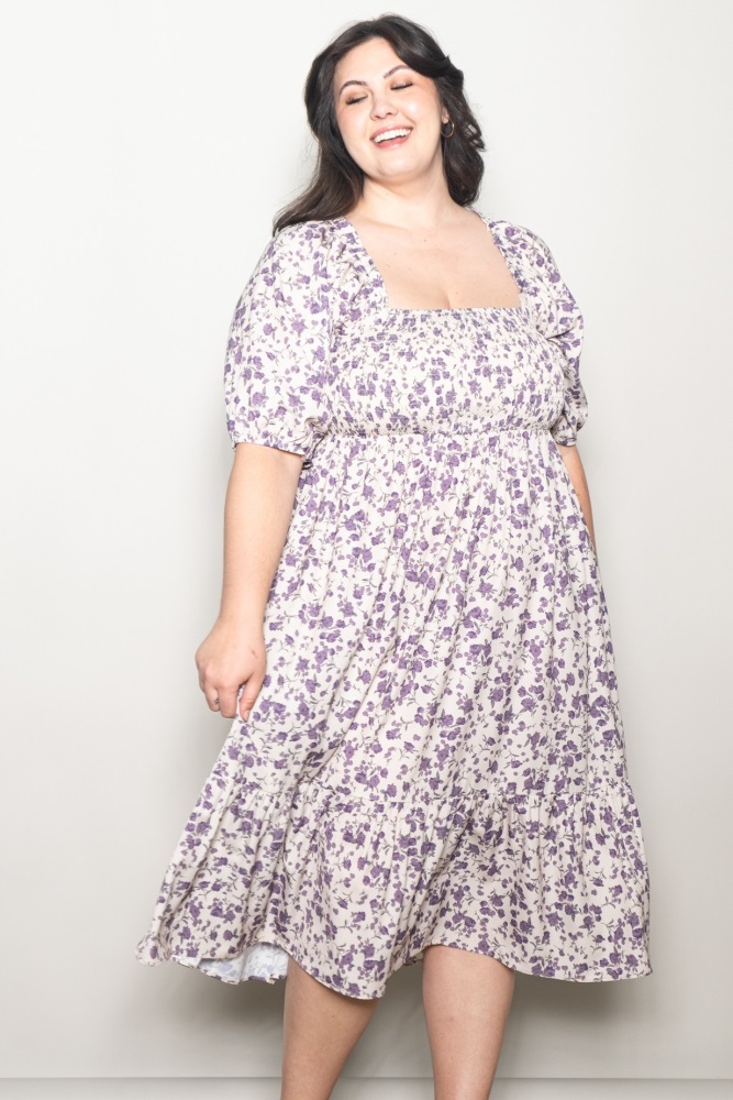 white christmas dresses L.NY Plus Size Printed Smocked Waist Surplice Dress Lavender / 2XL