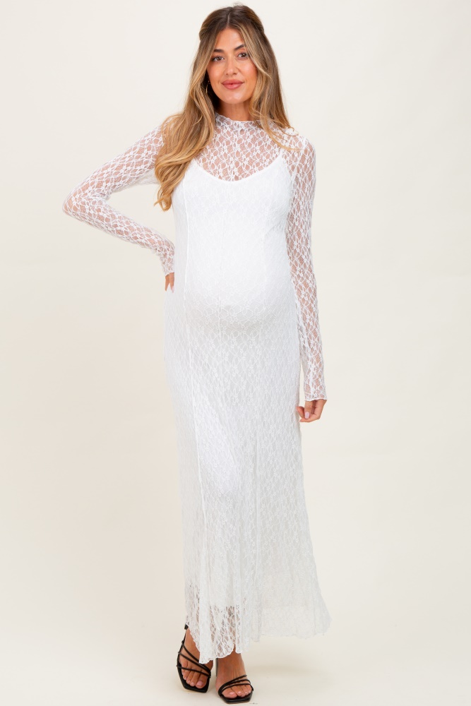 White Lace Mock Neck Long Sleeve Maternity Maxi Dress