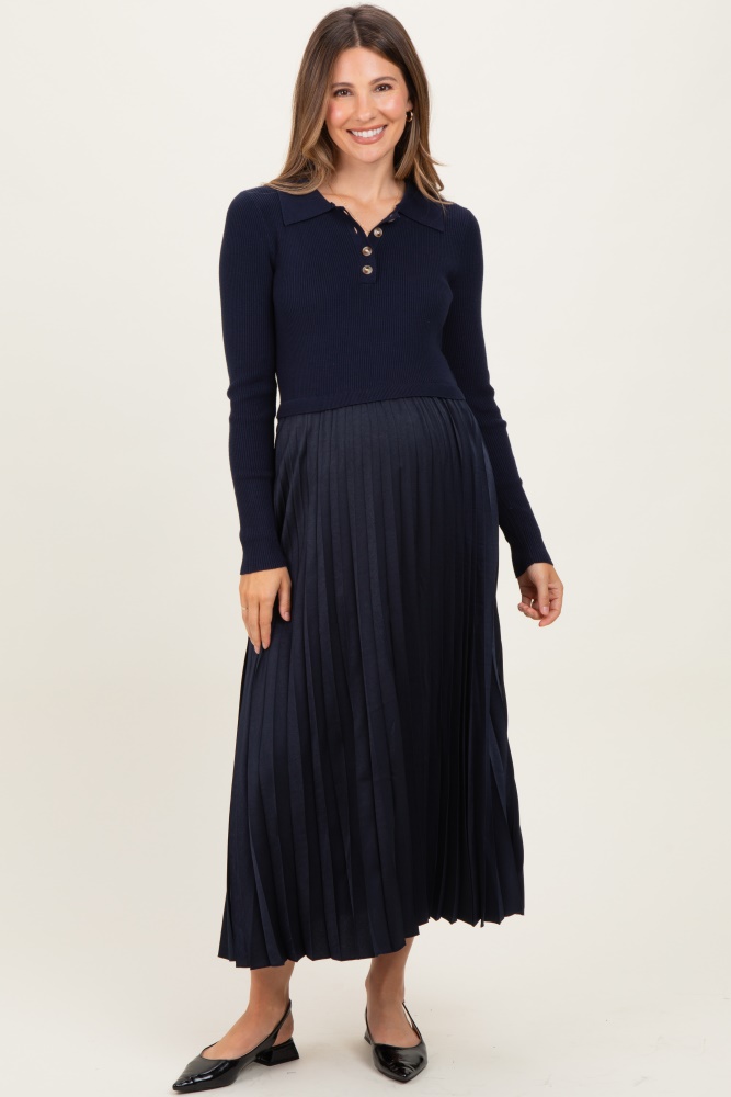 Navy Collared Knit Contrast Pleated Skirt Maternity Midi Dress
