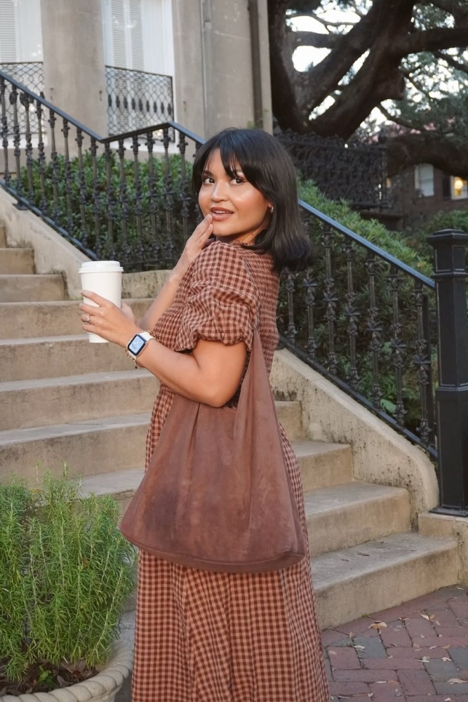 brown gingham smocked dress Short Sleeve Brown Gingham Mini Dress