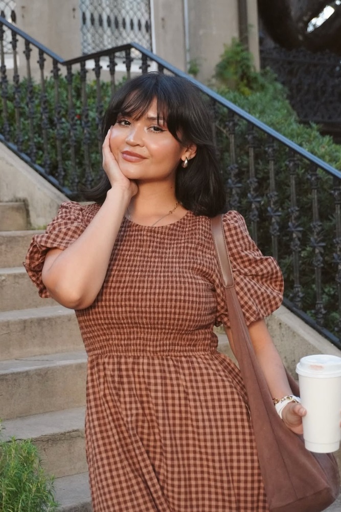 brown gingham smocked dress Brown Gingham Pumpkin Smocked Fall Dress