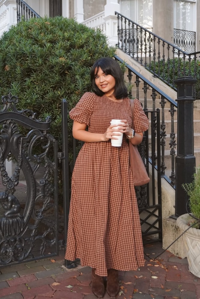 brown gingham smocked dress Aryah Brown Gingham Smocked Midi Dress Mine  Lena Layne