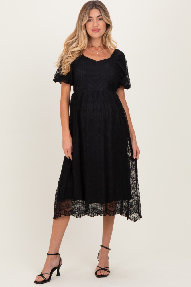 Black Lace Smocked Long Sleeve Off Shoulder Maternity Maxi Dress  PinkBlush