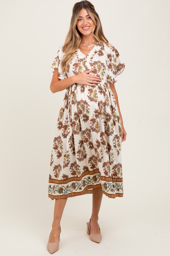 Mocha Floral V-Neck Button Detail Maternity Mid Dress