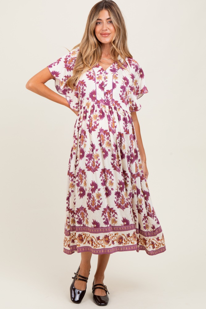 Plum Floral V-Neck Button Detail Maternity Mid Dress