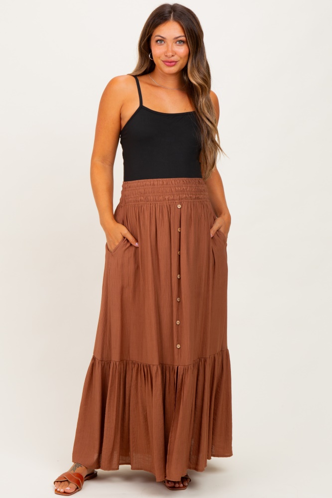 Mocha Smocked Waist Button Accent Maternity Maxi Skirt