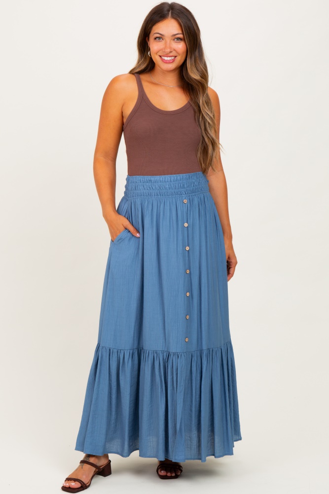 Blue Smocked Waist Button Accent Maternity Maxi Skirt