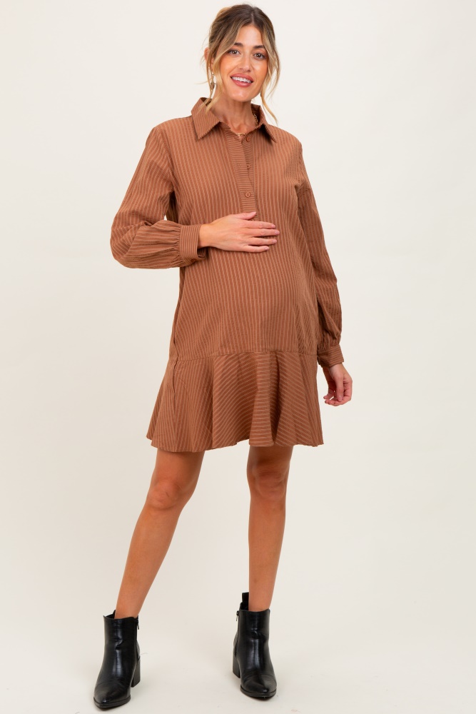 Camel Striped Long Sleeve Drop Waist Maternity Polo Dress