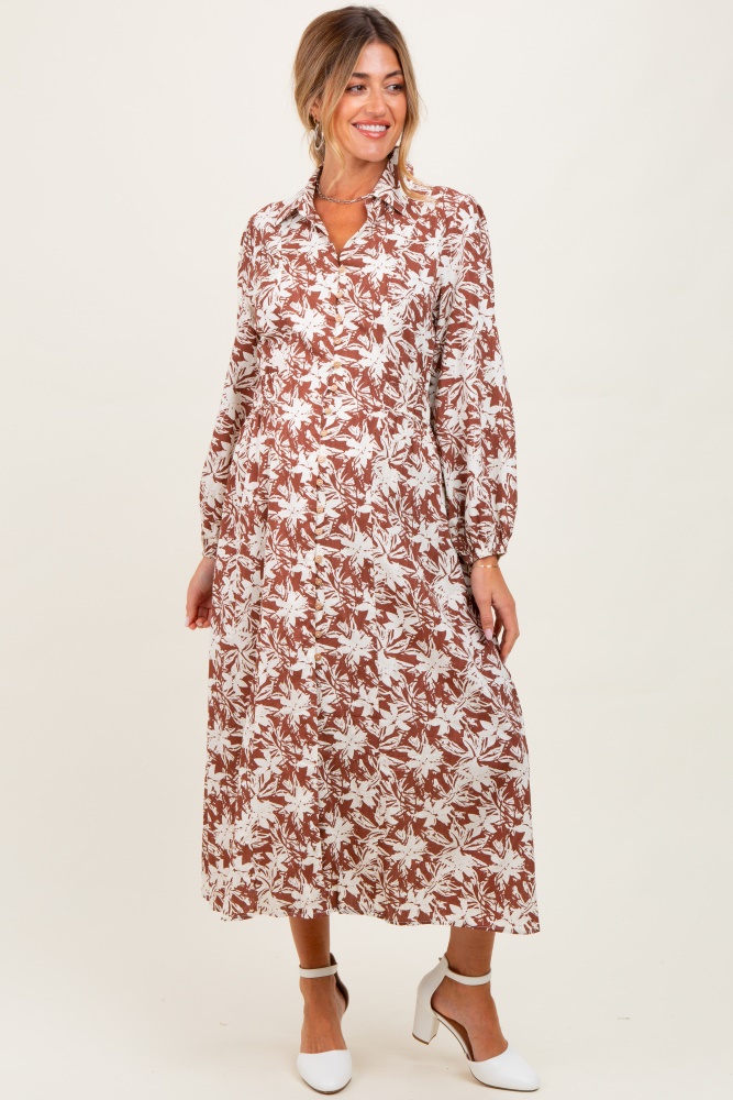 Camel Floral Button Down Long Sleeve Maternity Midi Dress