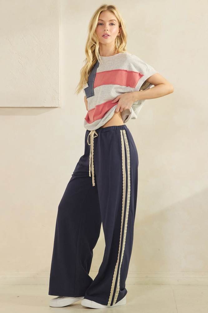 Navy Lace Stripe Drawstring Lounge Pants