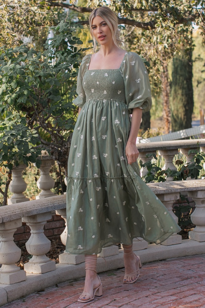knee length dresses for ladies Yumi Mint Green Floral Pleated Long Sleeve Wrap Over Midi Dress main image 1