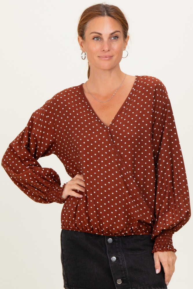 Brown Polka Dot Long Sleeve Smocked Top