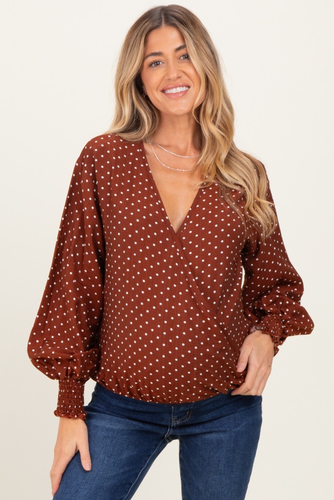 Brown Polka Dot Long Sleeve Smocked Maternity Top