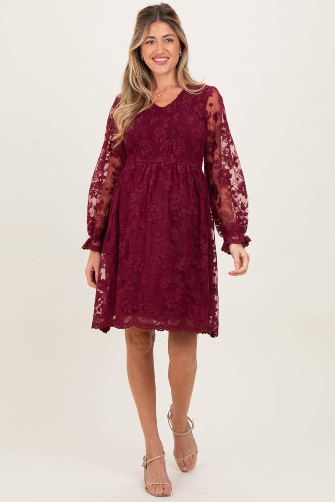 Red Lace Smocked Long Sleeve Maternity Dress
