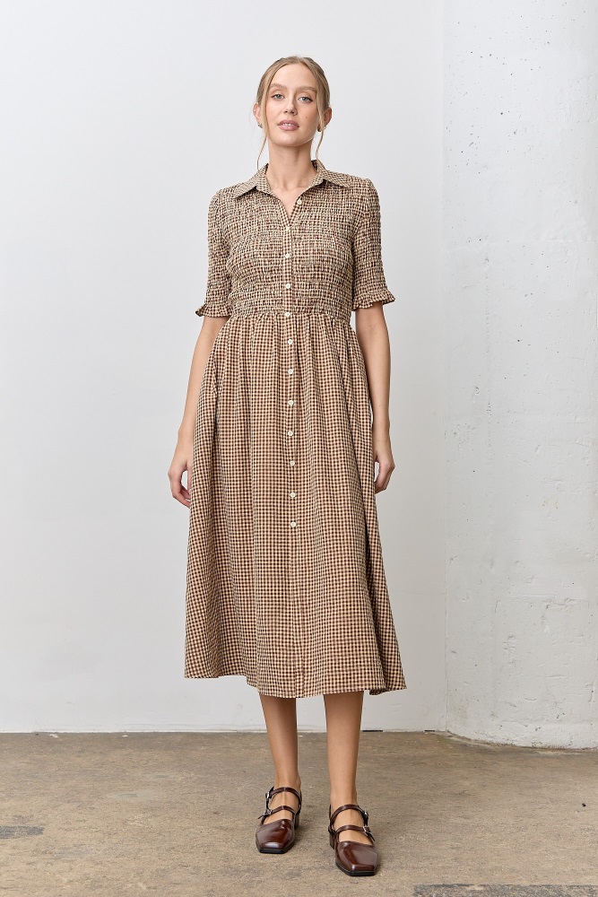 Mocha Gingham Smocked Button Down Midi Dress