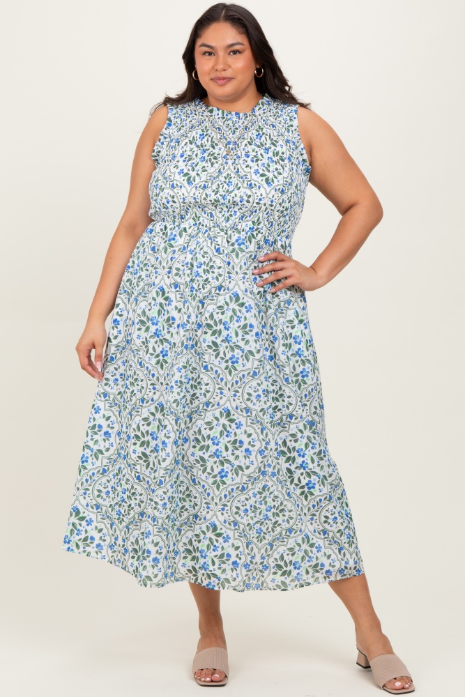 blue and black dress gif White Blue Floral Tie Strap Maternity Plus Maxi Dress – PinkBlush