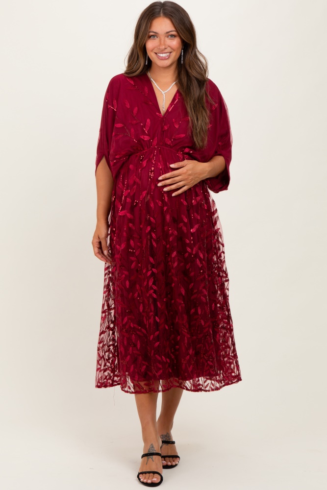 Burgundy Embroidered Tulle Dolman V-Neck Maternity Midi Dress