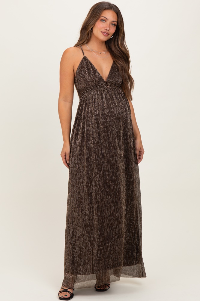 Brown Shimmer Open Tie Back Maternity Maxi Dress