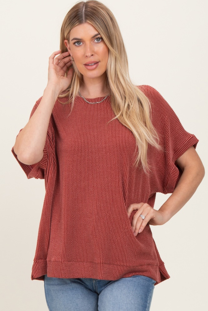 Rust Solid Ribbed Short Sleeve Oversized Tunic Top