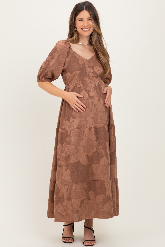 Brown Floral Embroidered Tiered Maternity Midi Dress  PinkBlush