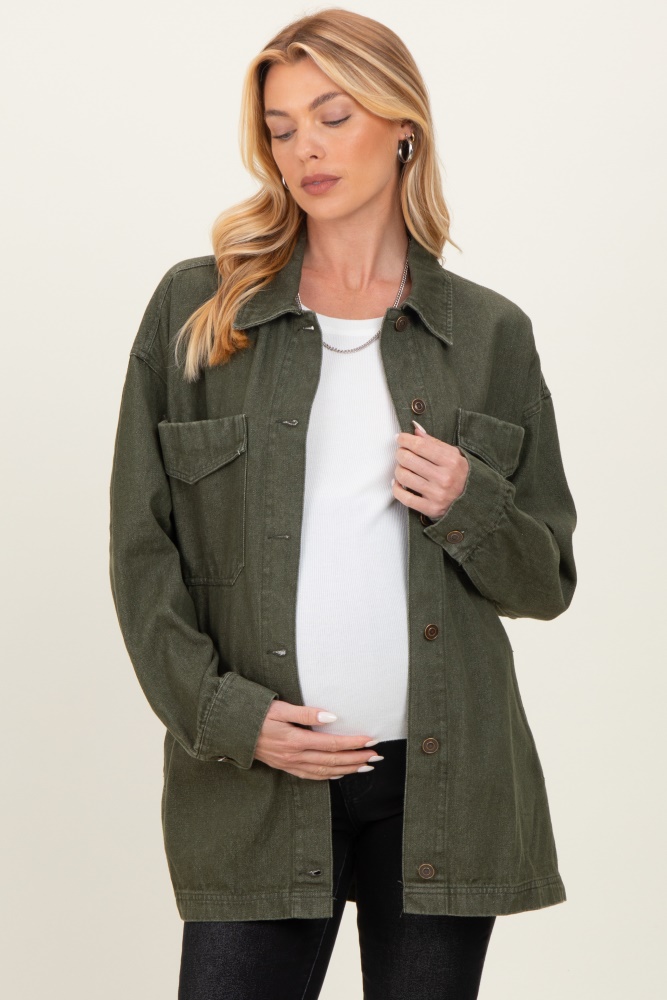 Olive Garment Washed Utility Maternity Jacket