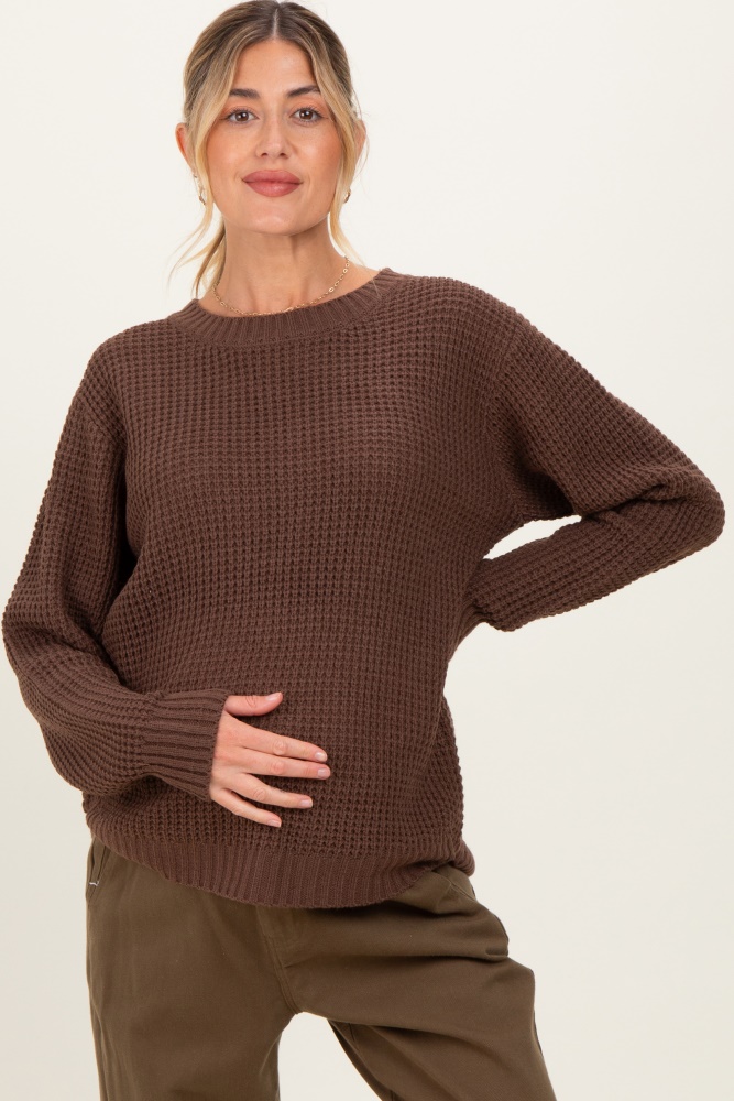 Dark Mocha  Waffle Knit Rounded Hem Maternity Sweater