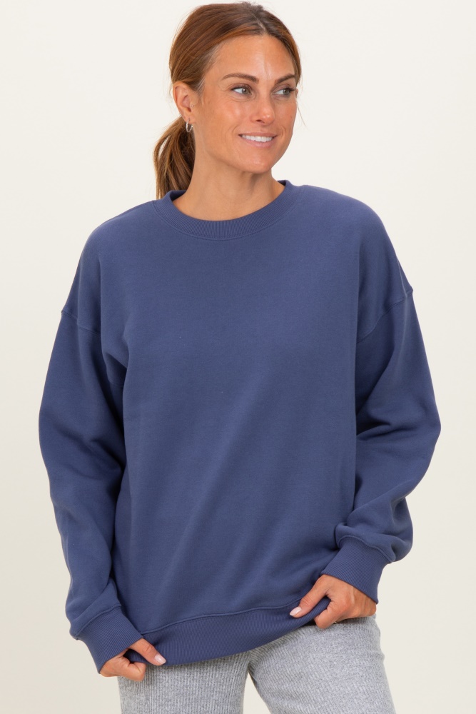 Navy  Fleece Crew Neck Relaxed Fit Sweatshirt