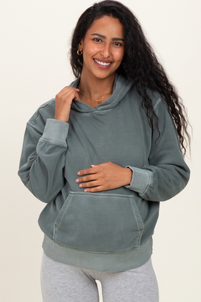 Dusty Jade Soft Fleece Maternity Pocket Hoodie