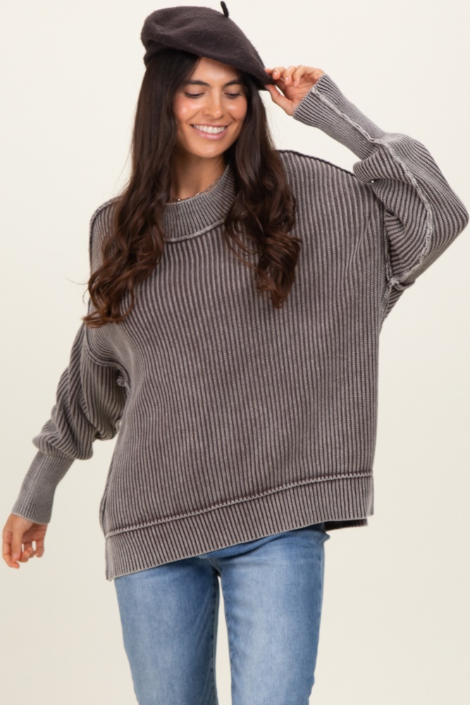 Brown Washed Side Slit Oversized Sweater