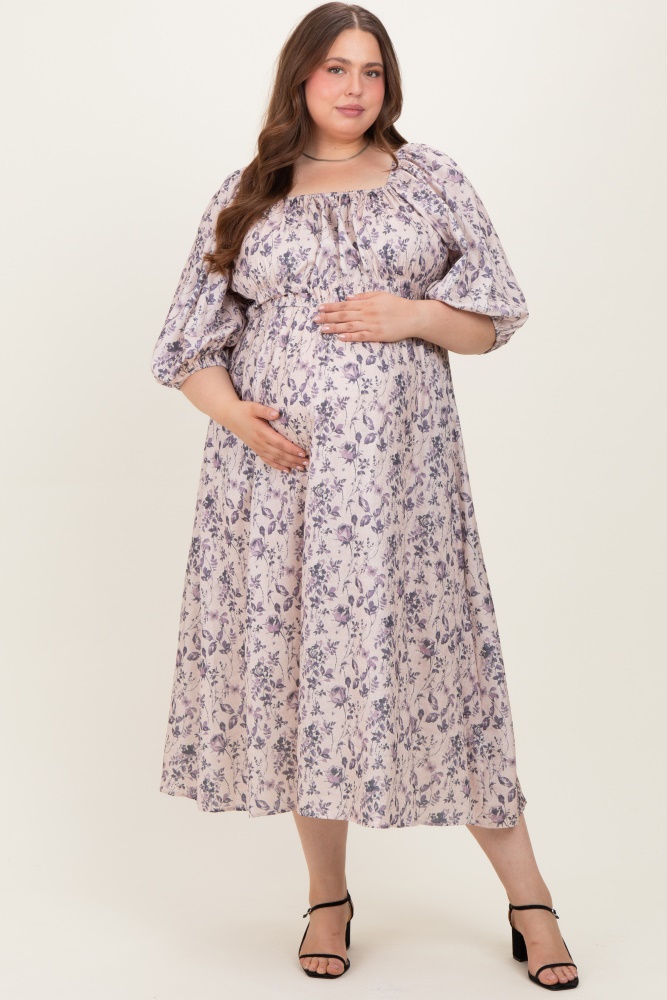 Light Pink Floral Puff Sleeve Smocked Waist Maternity Plus Midi Dress