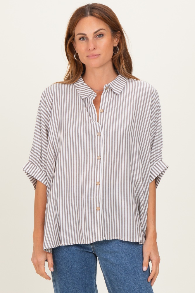 Brown Striped Button Up Dolman Top