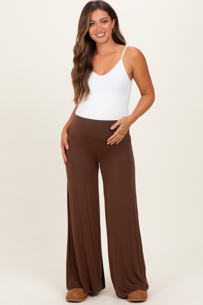 Brown Fold Over Waist Maternity Wide Leg Lounge Pants