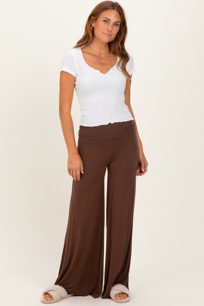 Brown Fold Over Waist Wide Leg Lounge Pants