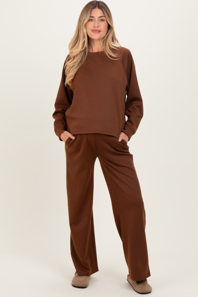 Brown Crewneck Pullover Pant Maternity Set
