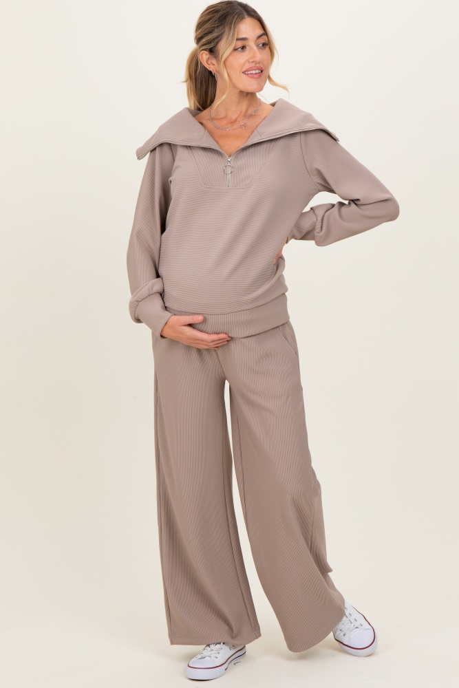 Mocha Ribbed Half Zip Pullover Wide Leg Pant Maternity Set