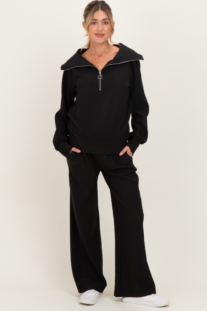 Black Ribbed Half Zip Pullover Wide Leg Pant Maternity Set