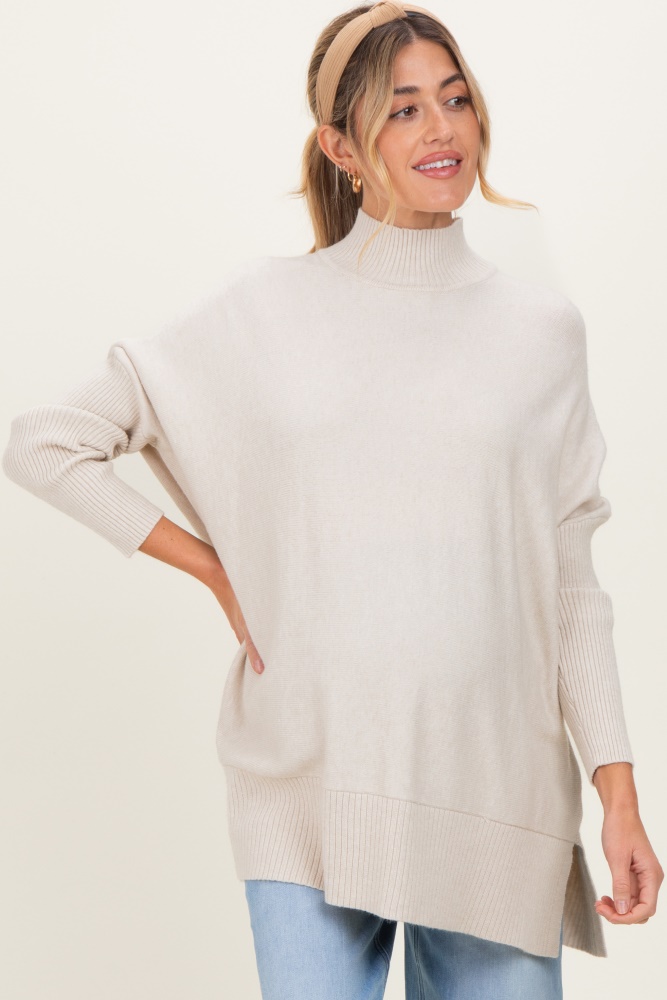 Cream Mock Neck Oversized Sir Slit Maternity Sweater Top
