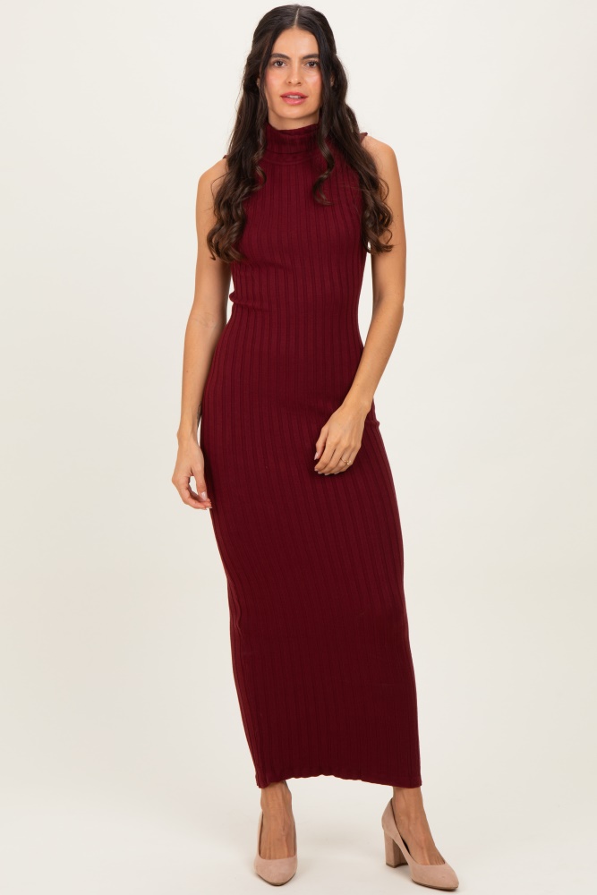 Burgundy Elegant Ribbed Midi Sweater Dress With Belt  PinkBlush