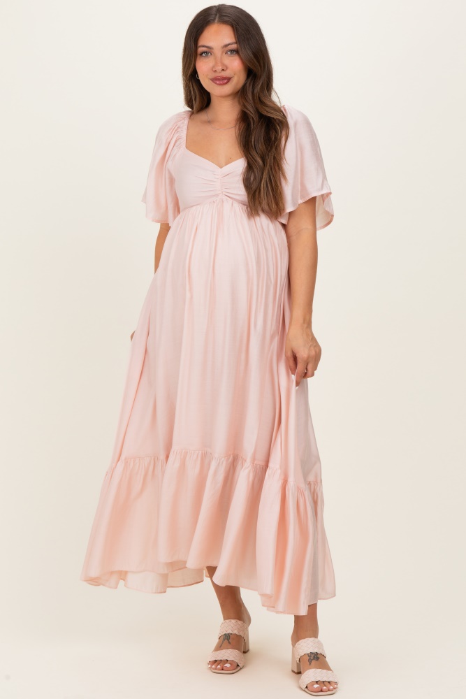 pink blush maternity wedding guest dress Pinkblush Light Pink Front Tie Ruffle Sleeve Maternity Midi Dress Medium
