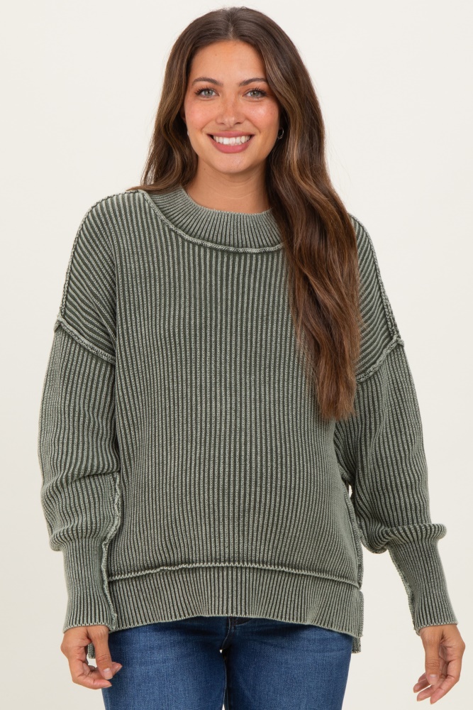 Olive Washed Side Slit Oversized Maternity Sweater
