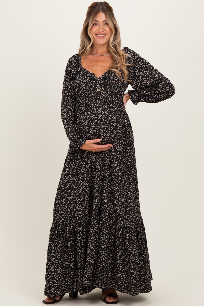fitted lace wedding dress Pinkblush Cream Floral Smocked Long Sleeve Maternity Maxi Dress